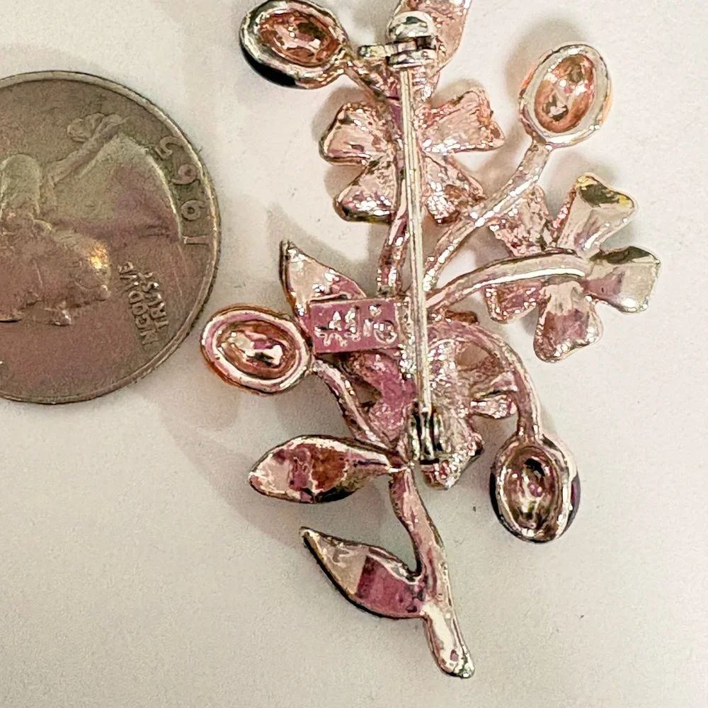 Vintage signed Floral Enamel Brooch with Purple and Green Accents